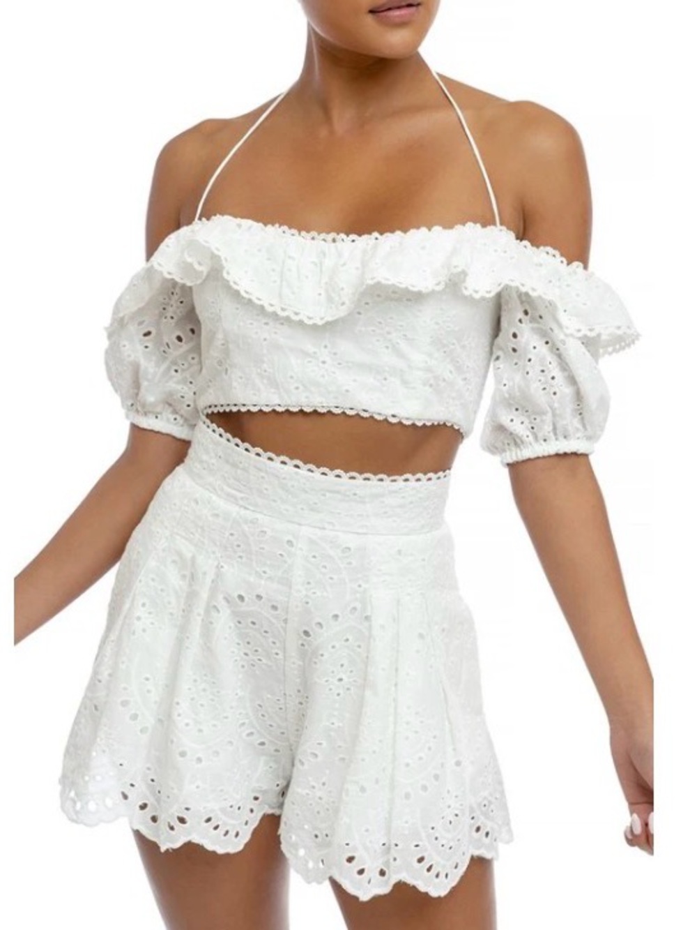 OFF SHOULDER EYELET RUFFLE WHITE LACE STRAP CROP TOP
